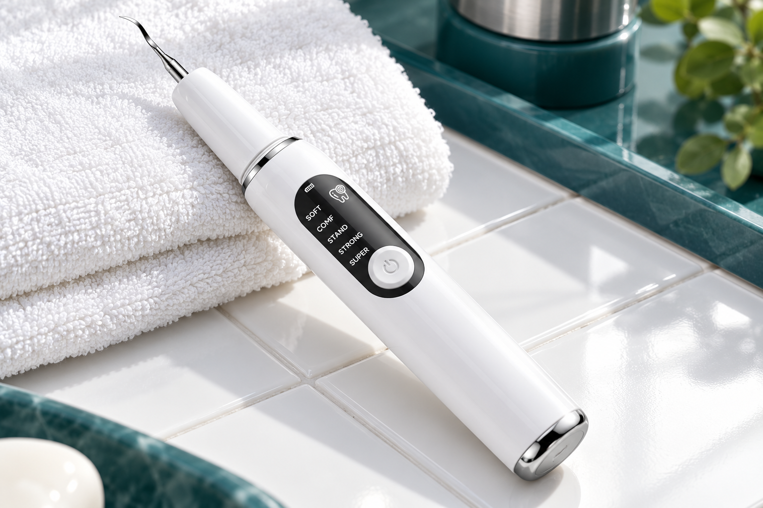 Oral care device on a clean bathroom surface